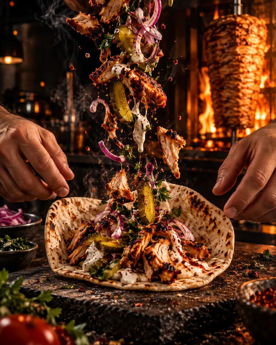 EMBER shawarma ingredients falling into flatbread